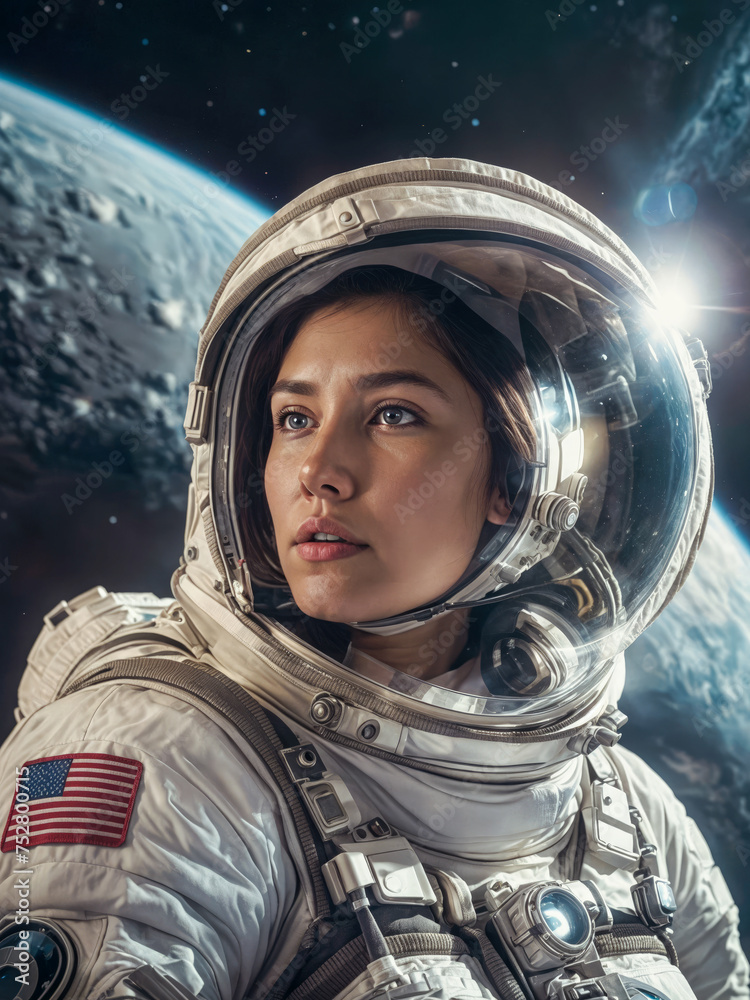 Astronaut female in space orbiting the moon Astronaut female in space orbiting the moon