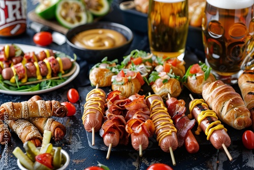 Sizzling Summer Snacks A Tasty Buffet of Hot Dogs, Bacon-Wrapped Appetizers, and Fresh Veggies Generative AI