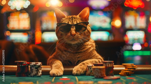 A cat gambler in sunglasses makes stacks in a casino.