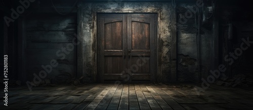 Mysterious Light Shining Through Old Wooden Door in Dark Room