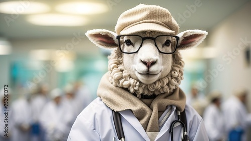 Sheep become doctor, wearing glasses and hat photo