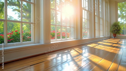 A row of windows adorned with decorative trim creating a charming and characterfilled look in an otherwise plain room. photo
