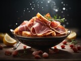 Italian Prosciutto di Parma, the most prestigious cured meats with the oldest origins typical of Parma, cinematic food photography 