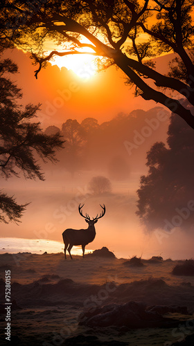 Golden Twilight Extravaganza: Intersection of a Majestic Stag and Wilderness © Ethel