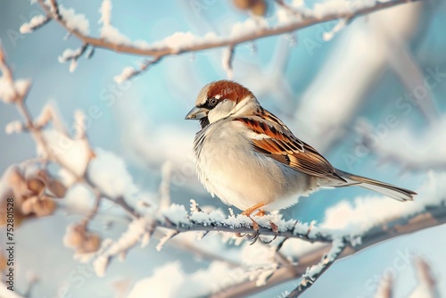 Winter's Delicate Embrace A Snowy Bird's Tale Generative AI