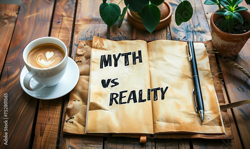 Open notebook with MYTH vs REALITY text and a coffee mug on a wooden desk, symbolizing the debate between perception and fact photo