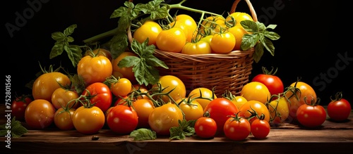 Abundant Harvest: A Basket Overflowing with Fresh, Ripe Tomatoes and Vibrant Tomato Bunch