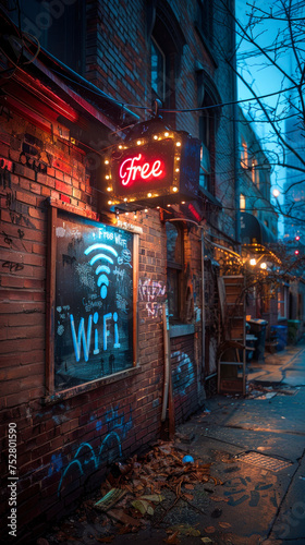 Chalkboard sign hanging on a graffiti-covered brick wall in a night setting  announcing Free WiFi available  blending urban culture with connectivity