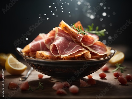 Italian Prosciutto di Parma, the most prestigious cured meats with the oldest origins typical of Parma, cinematic food photography 