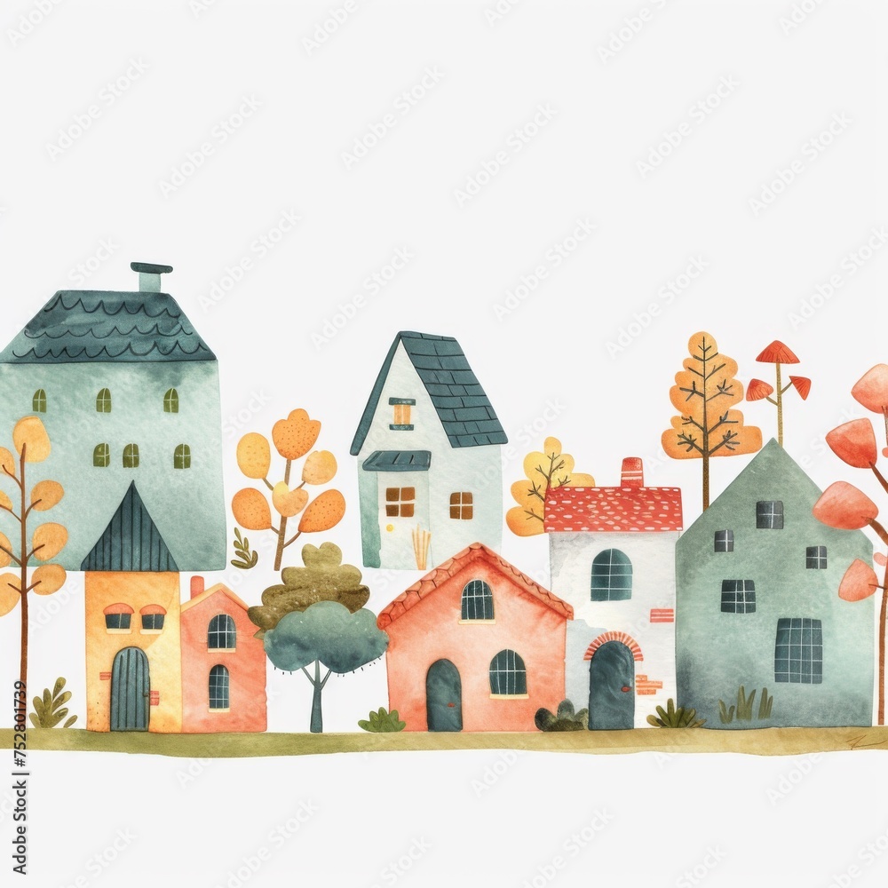 A group of houses with trees in the background