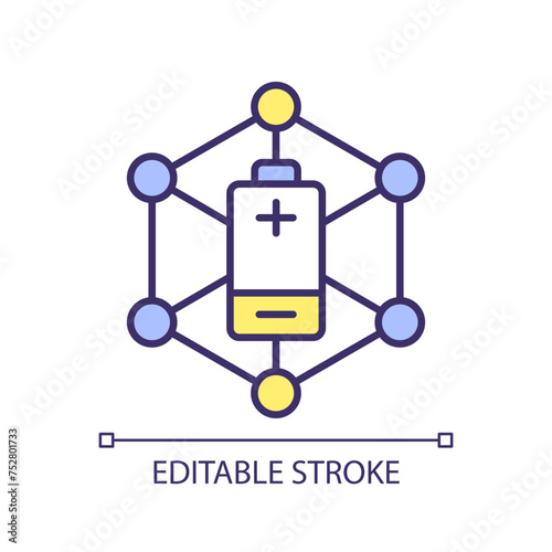Lithium ion batteries manufacturing RGB color icon. Cell production. Advanced battery systems. Energy storage device. Isolated vector illustration. Simple filled line drawing. Editable stroke