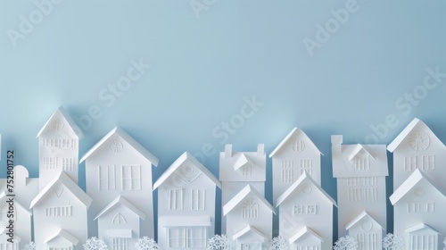 A row of white paper houses on a blue background