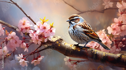 A sparrow bird sits on a blossoming branch of an apple