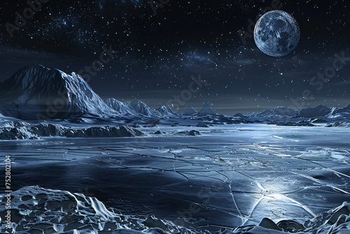 A Cold, Clear Night A Stunning View of the Moon and Stars Over a Frozen Landscape Generative AI photo