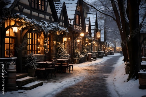 Winter night in the city. A cozy street in the evening.