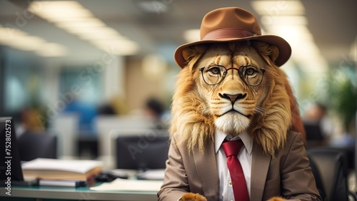 Lion become office boss, wearing glasses and hat photo