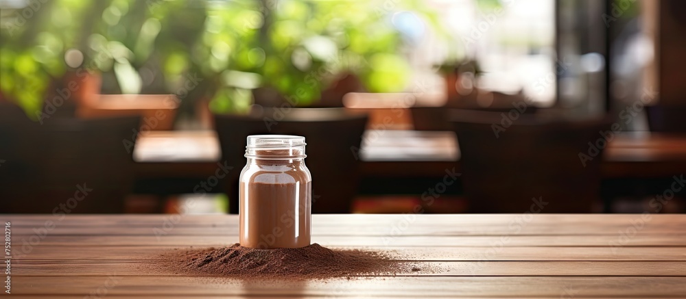 Aromatic Ground Coffee in Glass Jar on Rustic Wooden Table Surrounded by Beans and Spoons