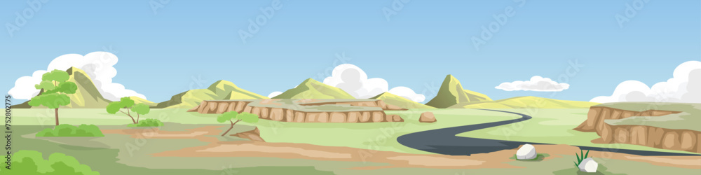 Obraz premium Landscape view of meadow with mountains and clouds under clear sky. route of the unmarked road curves back and forth through the plains. Vector illustration in cartoon style.