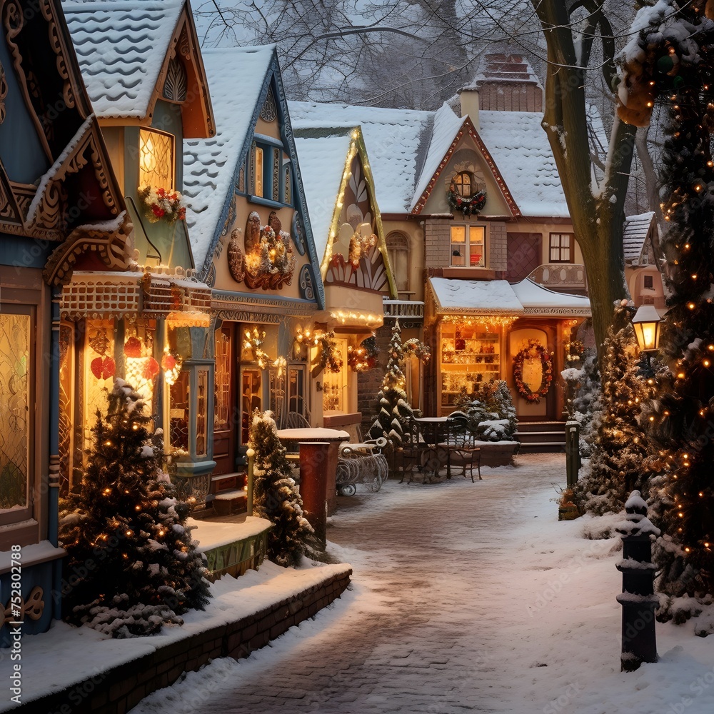 Wooden houses in a village in the winter. Christmas and New Year concept.