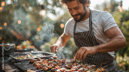 bearded man in apron grilling meat on barbecue grill outdoors