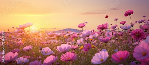 Majestic Field of Blooming Pink Wildflowers Under a Stunning Sunset Sky © Ilgun