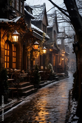 Winter street in the old town of Gdansk, Poland. © I