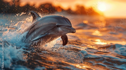 In the golden light of sunset, a playful dolphin leaps from the ocean's surface, creating a dynamic splash. Playful Dolphin Leaping at Sunset