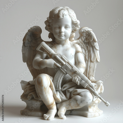 Cupid angel statue with gun. Cute marble angel statue holding a sub-machine gun. Marble statue holding a gun. Cherub statue with gun. 