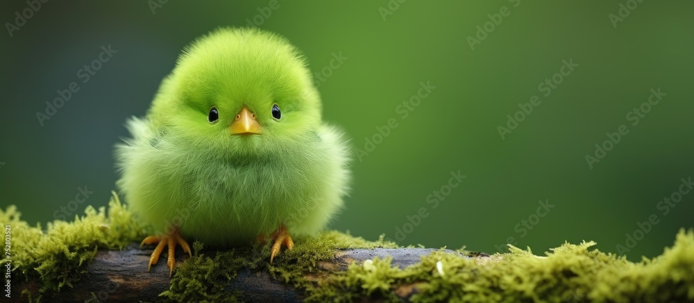 Vibrant Green Bird Perched on a Lush Mossy Log in the Wild Forest Habitat Vibrant Green Bird Perched on a Lush Mossy Log in the Wild Forest Habitat