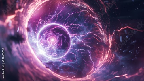 Close-up of an electric orb with energy pulses near a black hole embodying futuristic technology