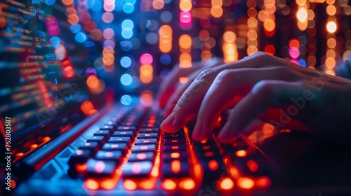 Close-up of hackers fingers on a keyboard flashing codes in a cyberpunk scene of cybercrime and intrusion photo