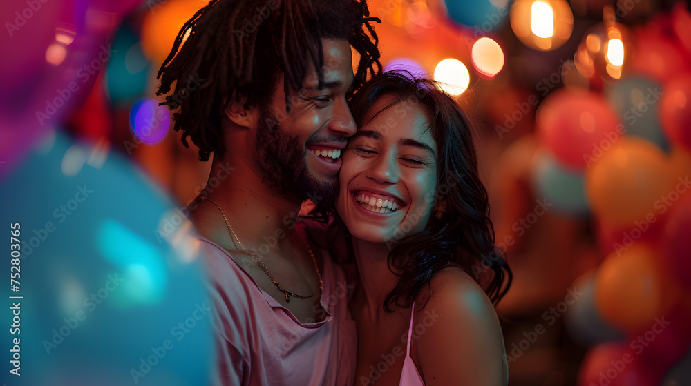 A couple laughing, with colorful balloons in the background, during a birthday celebration