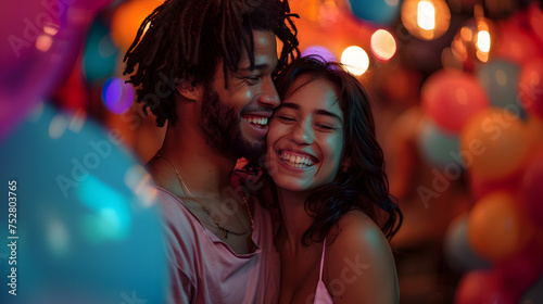 A couple laughing, with colorful balloons in the background, during a birthday celebration