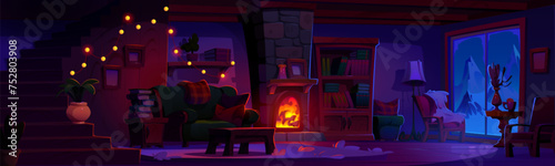 Night chalet interior with fireplace. Vector cartoon illustration of dark living room, vintage armchairs and couch near fire, books on shelf, winter mountain view in window, garland on wooden stairs