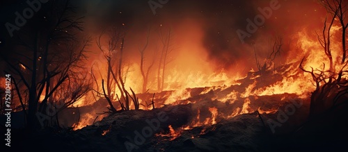 Destructive Wildfire Engulfs Dense Woodland with Intense Flames and Billowing Smoke