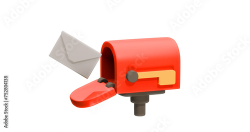 3D render a red mailbox with a white envelope partially sticking out of the front opening. Isolated white background