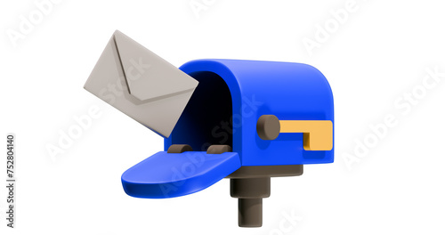 3D render a blue mailbox with a white envelope partially sticking out of the front opening. Isolated white background