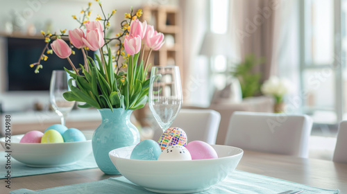 A dining table styled for Easter celebration. 