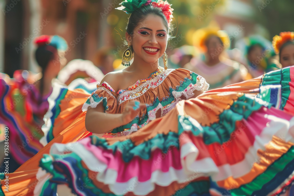Beautiful Mexican woman dancing traditional Folklorico dance on the street. 
