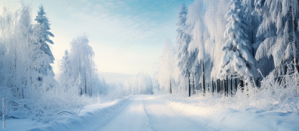 Tranquil Winter Scene: Snow-Covered Road Amidst Frosty Trees in a Serene Forest Setting