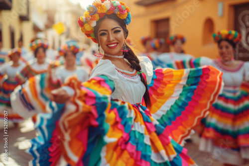 Portrait of a smiling Mexican woman in a colourful dress dancing traditional Folklorico dance on the street. Cinco De Mayo celebration.  photo