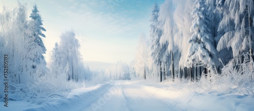 Tranquil Winter Scene: Snow-Covered Road Amidst Frosty Trees in a Serene Forest Setting