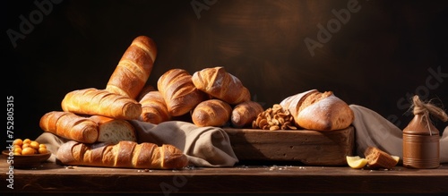 Variety of Freshly Baked Bread Loaves on Rustic Wooden Table in Bakery