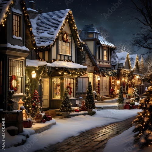 Christmas in the old town at night with snow covered houses and trees