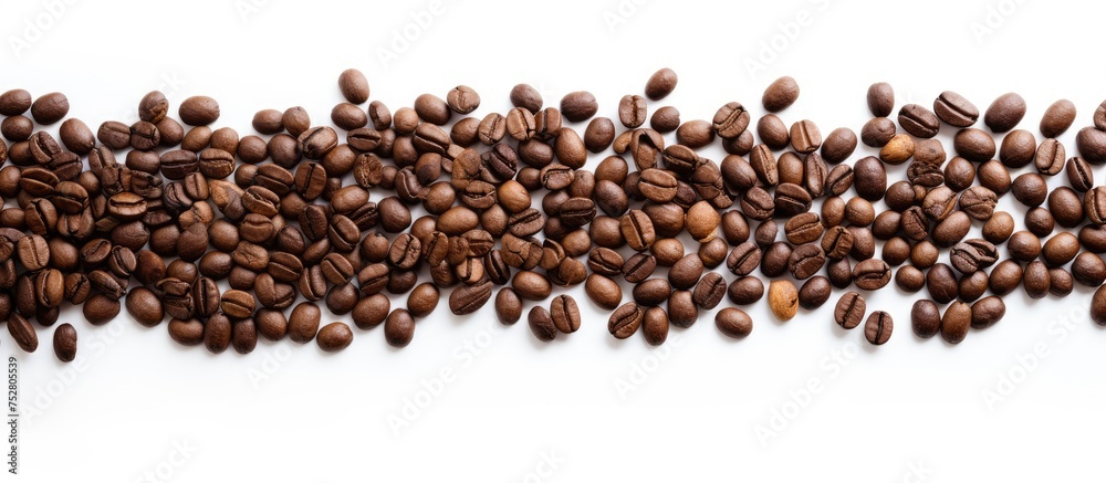 Scattered Coffee Beans Creating a Rich Visual Texture on Crisp White Background Scattered Coffee Beans Creating a Rich Visual Texture on Crisp White Background