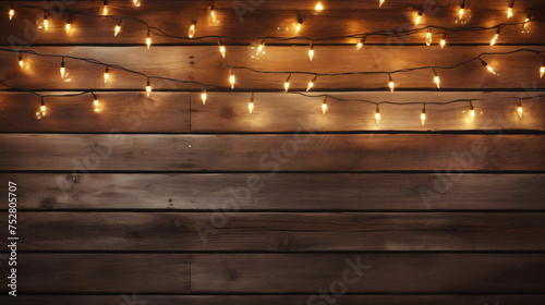 Christmas lights on rustic wooden background.