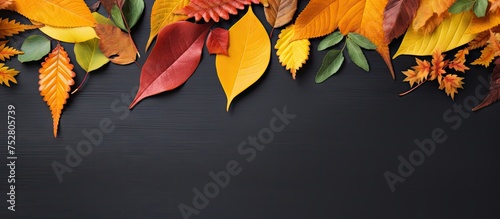 Vibrant Autumn Leaves Scattered on Dark Background, Seasonal Foliage for Design Projects