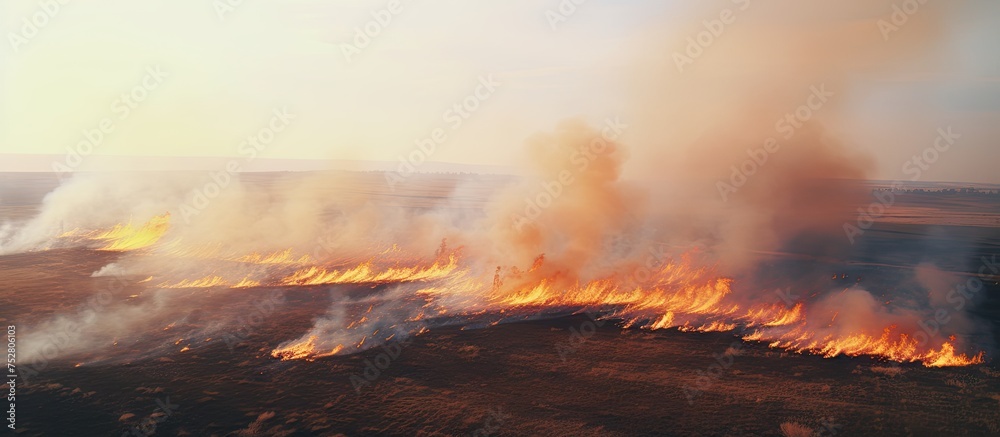 Intense Blaze Engulfs Countryside Field Creating a Powerful Fiery Spectacle