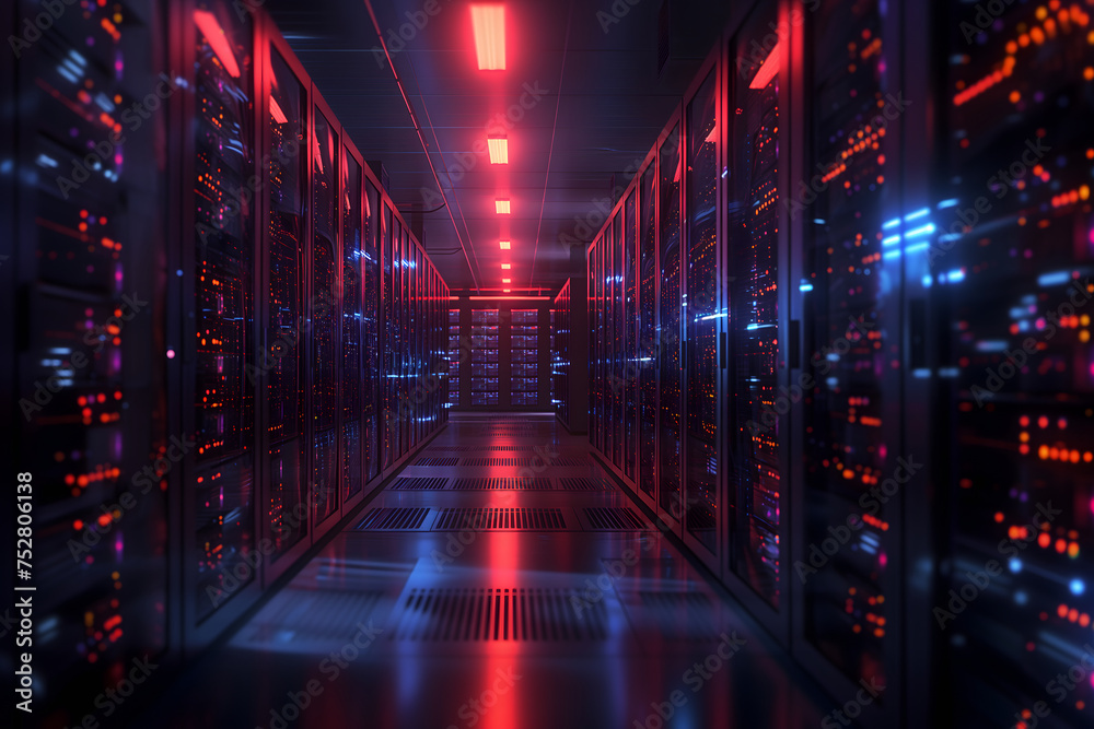 Server room with neon high contrast lighting. Neural network generated image. Not based on any actual scene or pattern.