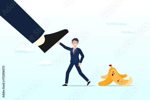 Confidence businessman hero protect from slippery banana peel, avoid business mistake or failure, protect from accident or pitfall, insurance or warning in business risk and support in crisis (Vector)